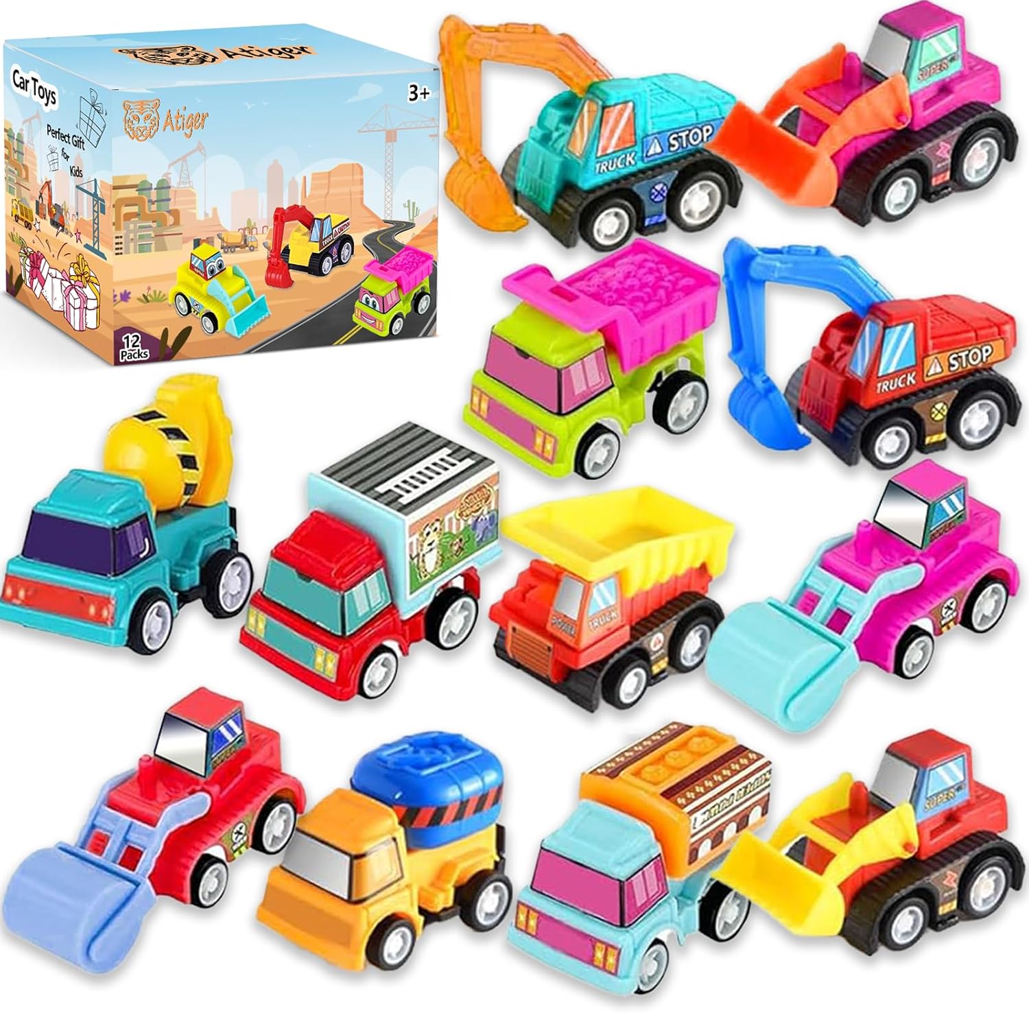 Kids Toys Vehicle - 12pcs Pull Back Cars Truck Vehicles
